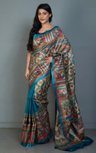 Premium Quality Hand Paint Madhubani on Natural Gicha Tussar Silk Saree in Petrol Blue, Natural Beige and Multicolored