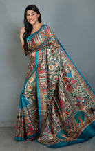 Premium Quality Hand Paint Madhubani on Natural Gicha Tussar Silk Saree in Petrol Blue, Natural Beige and Multicolored