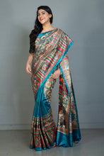 Premium Quality Hand Paint Madhubani on Natural Gicha Tussar Silk Saree in Petrol Blue, Natural Beige and Multicolored