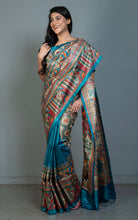 Premium Quality Hand Paint Madhubani on Natural Gicha Tussar Silk Saree in Petrol Blue, Natural Beige and Multicolored