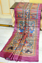 Premium Quality Hand Paint Madhubani on Natural Gicha Tussar Silk Saree in Raspberry Rose, Natural Beige and Multicolored