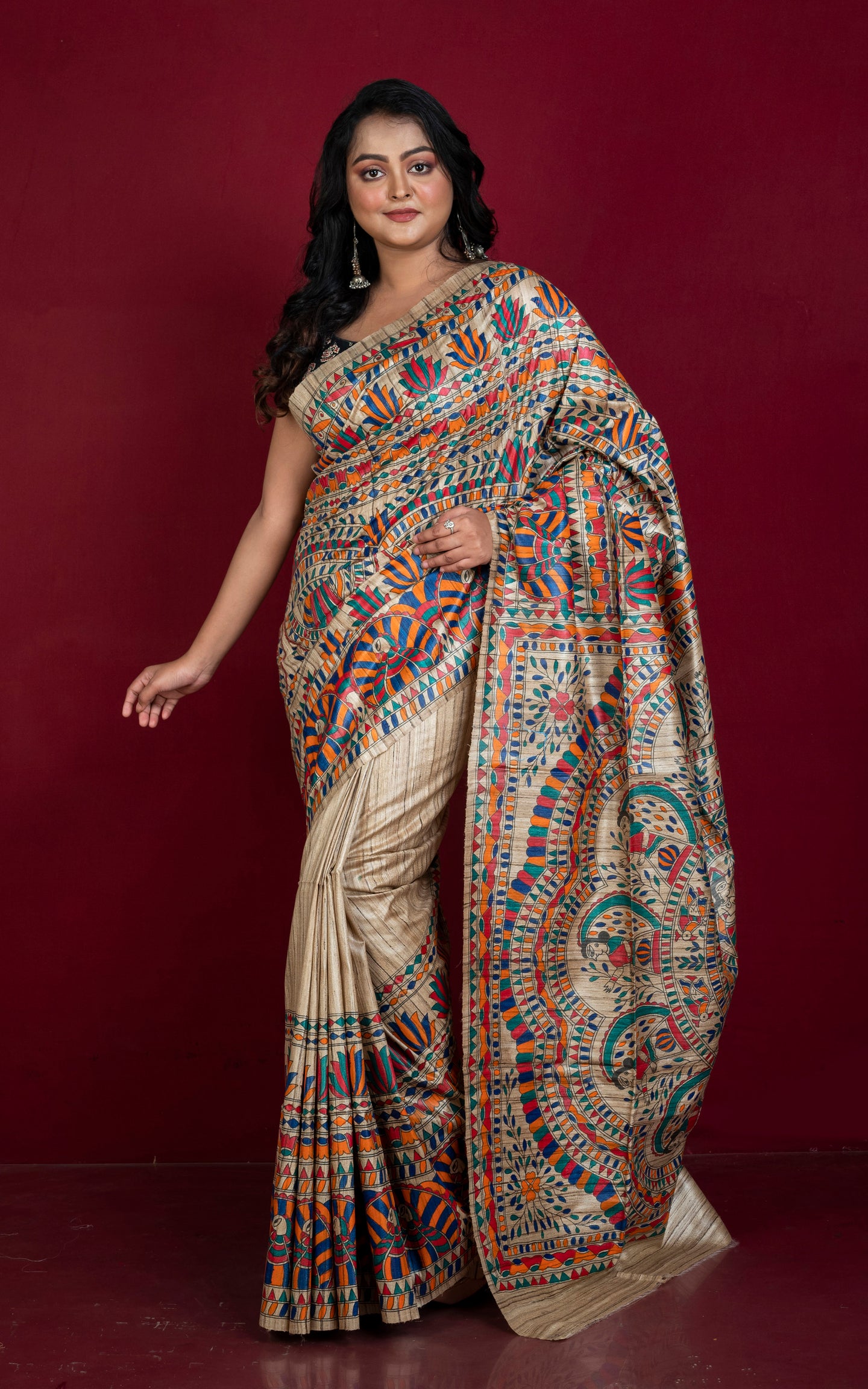 Premium Quality Hand Paint Madhubani on Natural Gicha Tussar Silk Saree in Beige and Multicolored