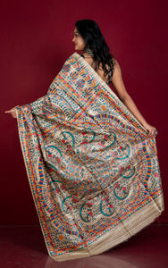 Premium Quality Hand Paint Madhubani on Natural Gicha Tussar Silk Saree in Beige and Multicolored