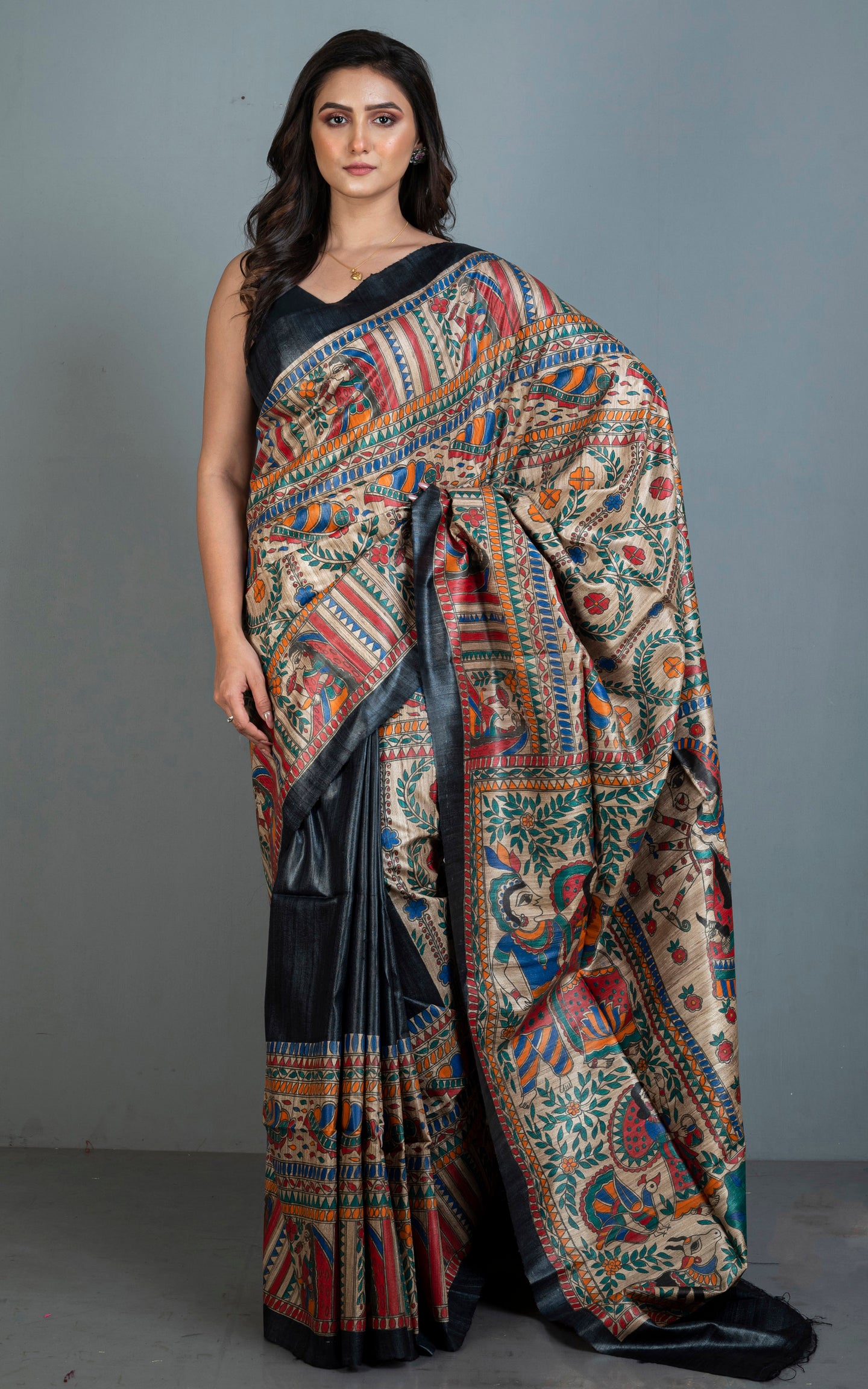 Premium Quality Hand Paint Madhubani on Natural Gicha Tussar Silk Saree in Black,Natural Beige and Multicolored