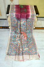 Hand Painted Madhubani on Premium Quality Shibori Dyed Soft Tussar Silk Saree in Aubergine, Rifle Green, Beige and Multicolored