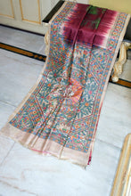 Hand Painted Madhubani on Premium Quality Shibori Dyed Soft Tussar Silk Saree in Aubergine, Rifle Green, Beige and Multicolored
