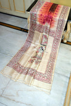 Hand Painted Madhubani on Premium Quality Shibori Dyed Soft Tussar Silk Saree in Dark Brown, Metallic Brown, Beige and Multicolored