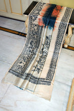 Hand Painted Madhubani on Premium Quality Shibori Dyed Soft Tussar Silk Saree in Black, Orange and Beige