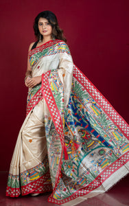 Hand Painted Madhubani on Premium Quality Soft Tussar Silk Saree in Beige, Red and Multicolored