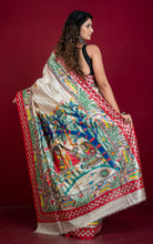 Hand Painted Madhubani on Premium Quality Soft Tussar Silk Saree in Beige, Red and Multicolored