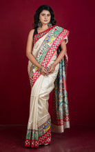 Hand Painted Madhubani on Premium Quality Soft Tussar Silk Saree in Beige, Red and Multicolored