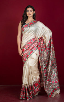 Hand Painted Madhubani on Premium Quality Soft Tussar Silk Saree in Beige, Red and Black