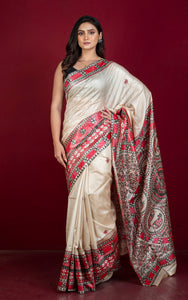 Hand Painted Madhubani on Premium Quality Soft Tussar Silk Saree in Beige, Red and Black