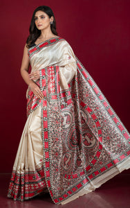 Hand Painted Madhubani on Premium Quality Soft Tussar Silk Saree in Beige, Red and Black