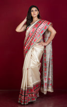 Hand Painted Madhubani on Premium Quality Soft Tussar Silk Saree in Beige, Red and Black