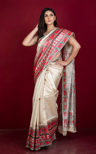 Hand Painted Madhubani on Premium Quality Soft Tussar Silk Saree in Beige, Red and Black