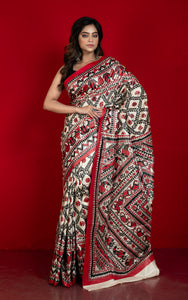 Hand Painted Madhubani on Premium Quality Soft Moonga Tussar Silk Saree in Albescent White, Red and Black