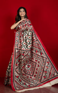 Hand Painted Madhubani on Premium Quality Soft Moonga Tussar Silk Saree in Albescent White, Red and Black