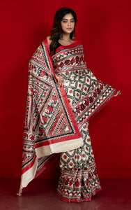Hand Painted Madhubani on Premium Quality Soft Moonga Tussar Silk Saree in Albescent White, Red and Black