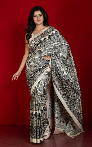 Hand Painted Madhubani on Premium Quality Soft Moonga Tussar Silk Saree in Albescent White and Black