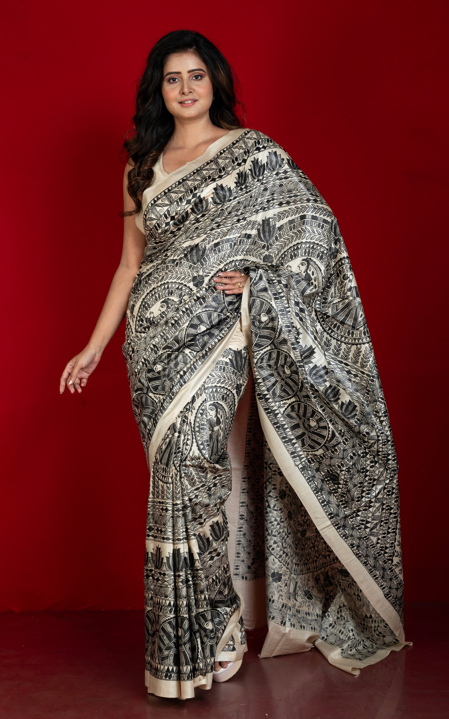 Hand Painted Madhubani on Premium Quality Soft Moonga Tussar Silk Saree in Albescent White and Black