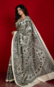 Hand Painted Madhubani on Premium Quality Soft Moonga Tussar Silk Saree in Albescent White and Black