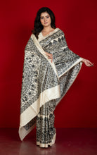 Hand Painted Madhubani on Premium Quality Soft Moonga Tussar Silk Saree in Albescent White and Black