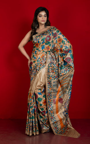Premium Quality Half and Half Painted Madhubani on Natural Gicha Tussar Silk Saree in Natural Beige and Multicolored