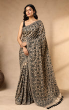 Hand Painted Madhubani on Premium Quality Soft Moonga Tussar Silk Saree in Beige and Black