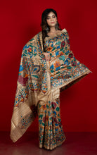 Premium Quality Half and Half Painted Madhubani on Natural Gicha Tussar Silk Saree in Natural Beige and Multicolored