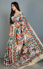 Premium Quality All over Hand Painted Madhubani on Natural Gicha Tussar Silk Saree in Natural Beige and Multicolored
