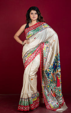 Hand Painted Madhubani on Premium Quality Soft Tussar Silk Saree in Beige, Red and Multicolored