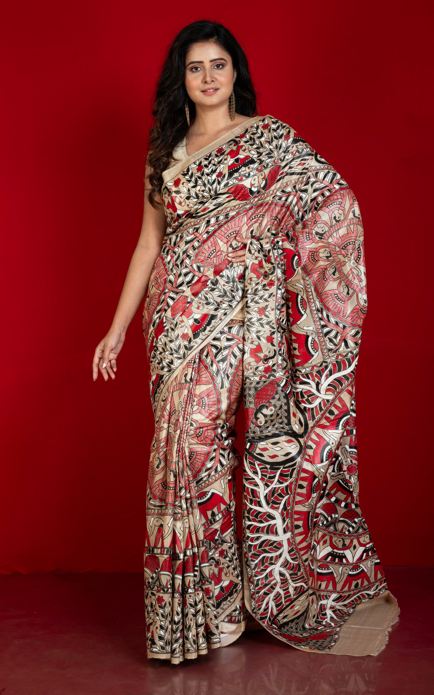 Hand Painted Madhubani on Premium Quality Soft Tussar Silk Saree Beige, Black, Red and Off White