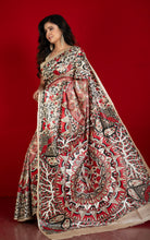 Hand Painted Madhubani on Premium Quality Soft Tussar Silk Saree Beige, Black, Red and Off White