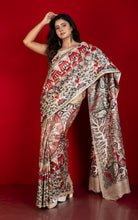 Hand Painted Madhubani on Premium Quality Soft Tussar Silk Saree Beige, Black, Red and Off White