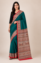 Madhubani Printed Pure Silk Saree – Emerald Green with Red Bentex Border