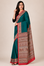 Madhubani Printed Pure Silk Saree – Emerald Green with Red Bentex Border