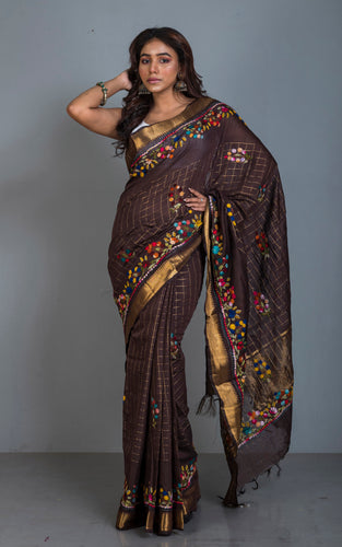 Bullion Stitch Knot Hand Work on Soft Mangalagiri Cotton Woven Gold Checks Saree in Dark Brown and Multicolored Thread Work