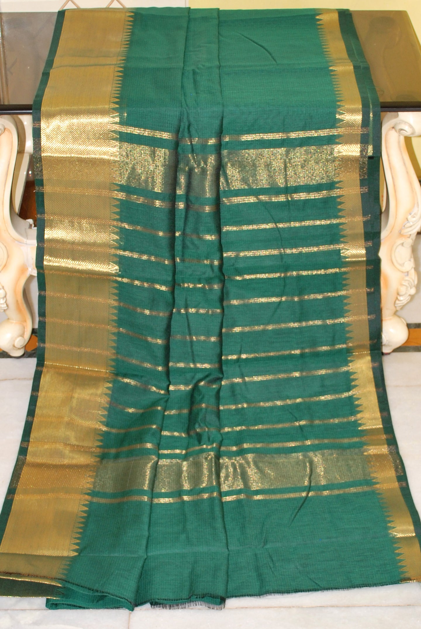 Mangalagiri Soft South Cotton Sarees with Woven Thread Work in Forest Green and Gold