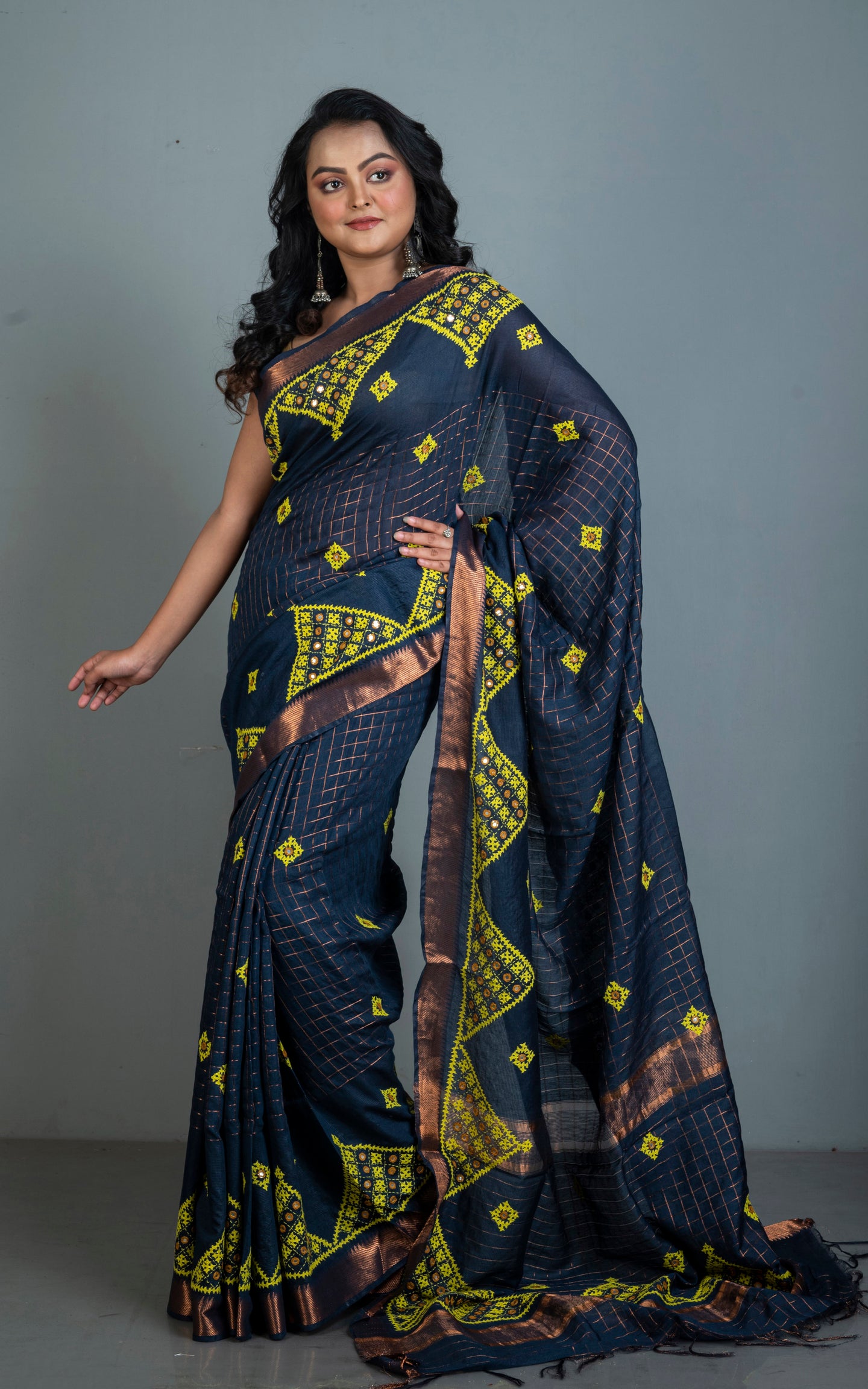 Gujarati Stitch Hand Work on Soft Mangalagiri Cotton Woven Gold Checks Saree in Dark Grey Blue and Yellow Thread Work