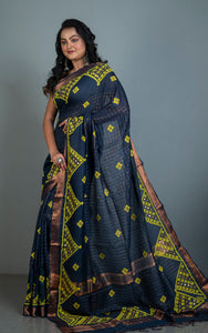 Gujarati Stitch Hand Work on Soft Mangalagiri Cotton Woven Gold Checks Saree in Dark Grey Blue and Yellow Thread Work