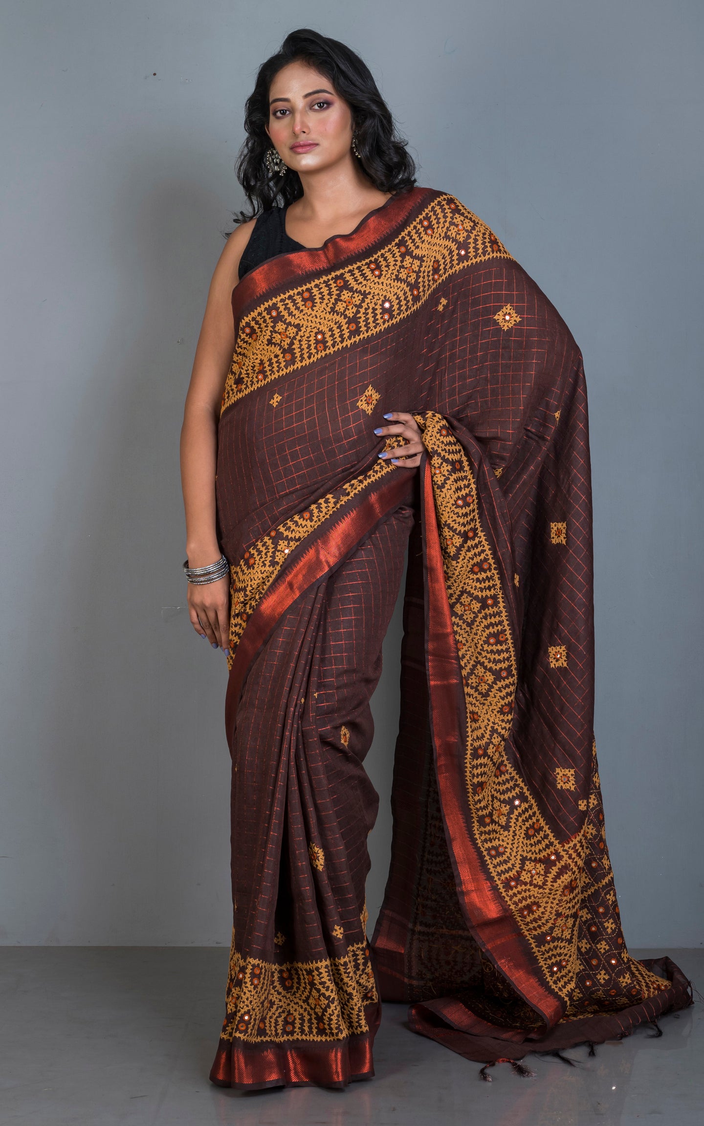 Gujarati Stitch Hand Work on Soft Mangalagiri Cotton Woven Copper Checks Saree in Chocolate Brown and Parmesan Thread Work