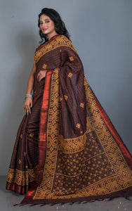 Gujarati Stitch Hand Work on Soft Mangalagiri Cotton Woven Copper Checks Saree in Chocolate Brown and Parmesan Thread Work