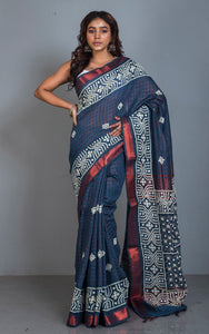 Gujarati Stitch Hand Work on Soft Mangalagiri Cotton Woven Copper Checks Saree in Dark Steel Blue and Off White Thread Work