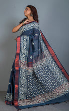 Gujarati Stitch Hand Work on Soft Mangalagiri Cotton Woven Copper Checks Saree in Dark Steel Blue and Off White Thread Work