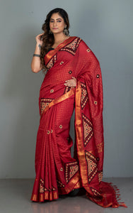 Gujarati Stitch Hand Work on Soft Mangalagiri Cotton Woven Gold Checks Saree in Rust Brown, Beige and Black Thread Work