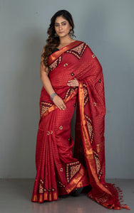 Gujarati Stitch Hand Work on Soft Mangalagiri Cotton Woven Gold Checks Saree in Rust Brown, Beige and Black Thread Work