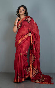 Gujarati Stitch Hand Work on Soft Mangalagiri Cotton Woven Gold Checks Saree in Rust Brown, Beige and Black Thread Work