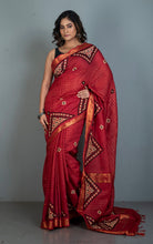 Gujarati Stitch Hand Work on Soft Mangalagiri Cotton Woven Gold Checks Saree in Rust Brown, Beige and Black Thread Work