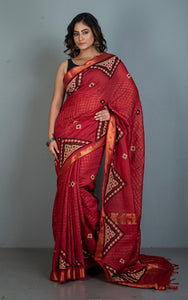 Gujarati Stitch Hand Work on Soft Mangalagiri Cotton Woven Gold Checks Saree in Rust Brown, Beige and Black Thread Work